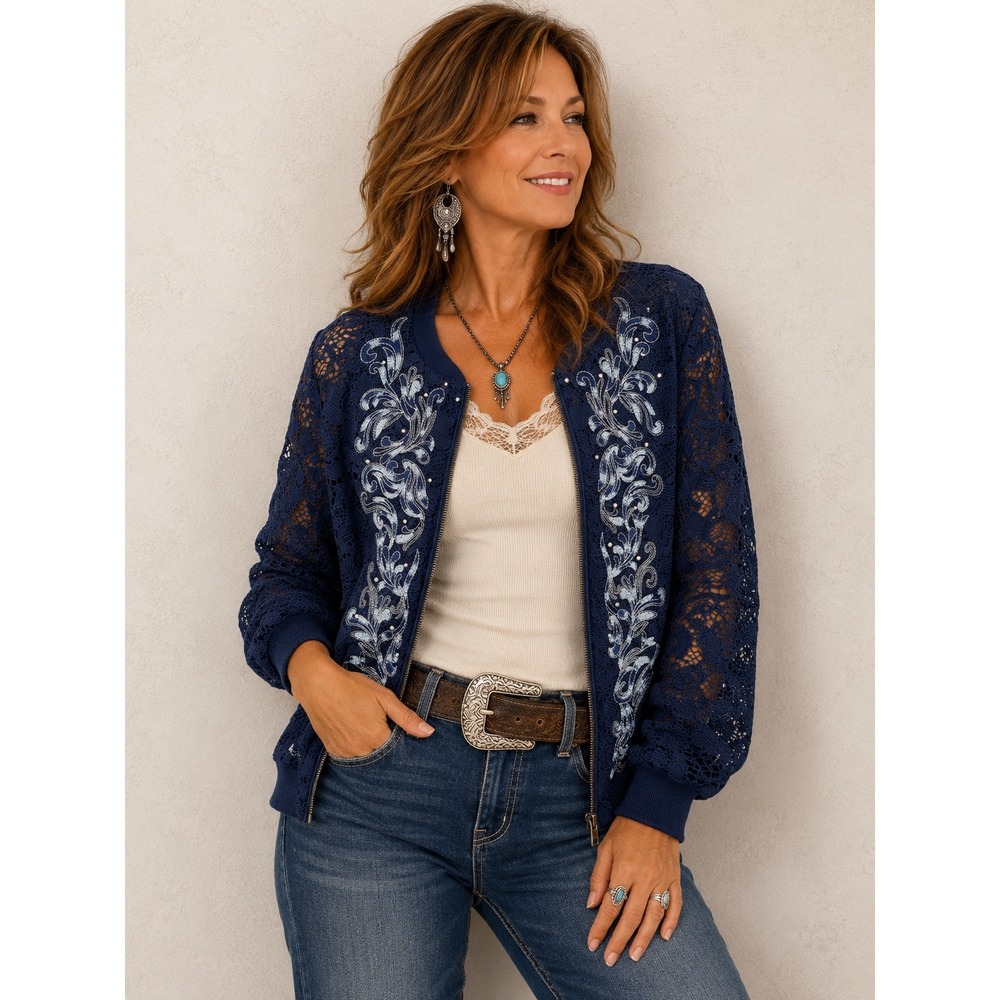 Reba Bomber Jacket Large Navy Blue Lace Embroidered Studded Zip Front L